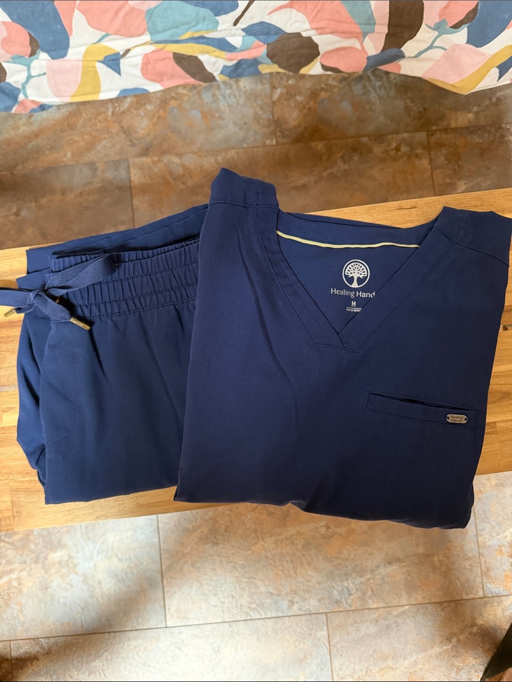 healing hands Navy V-Neck Scrub Top with Drawstring Pants